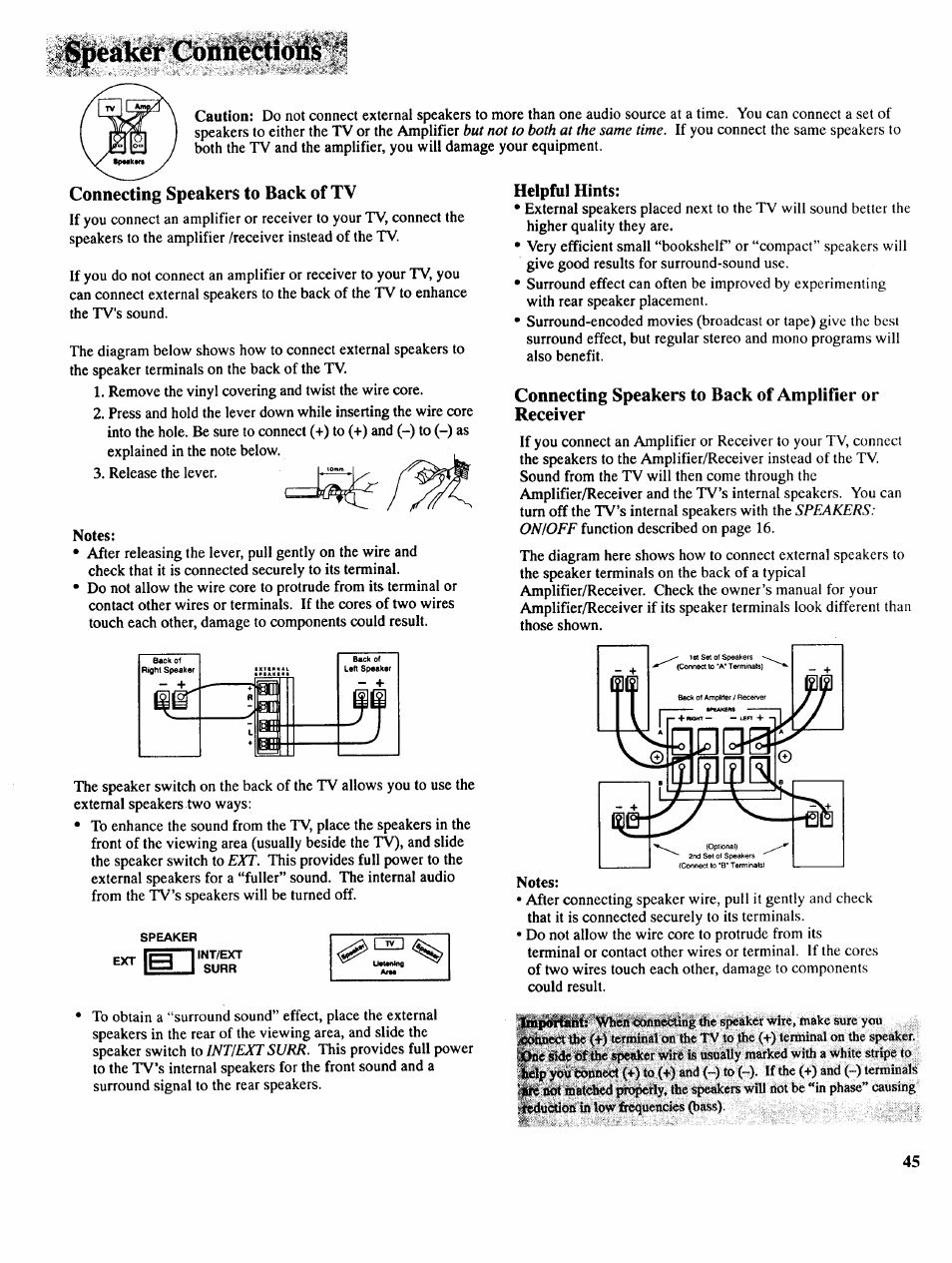 Connecting speakers to back of tv, Notes, Helpful hints | But not to both at the same time, Intiext surr, Speakers: onioff | RCA COLOR TV NCJ11 User Manual | Page 47 / 56