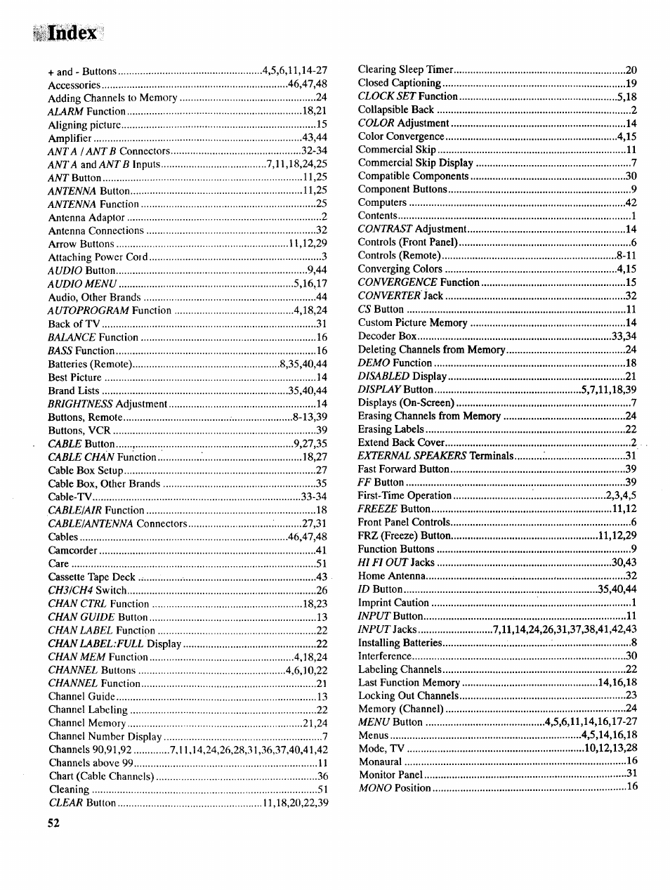 Index | RCA COLOR TV NCJ11 User Manual | Page 54 / 56