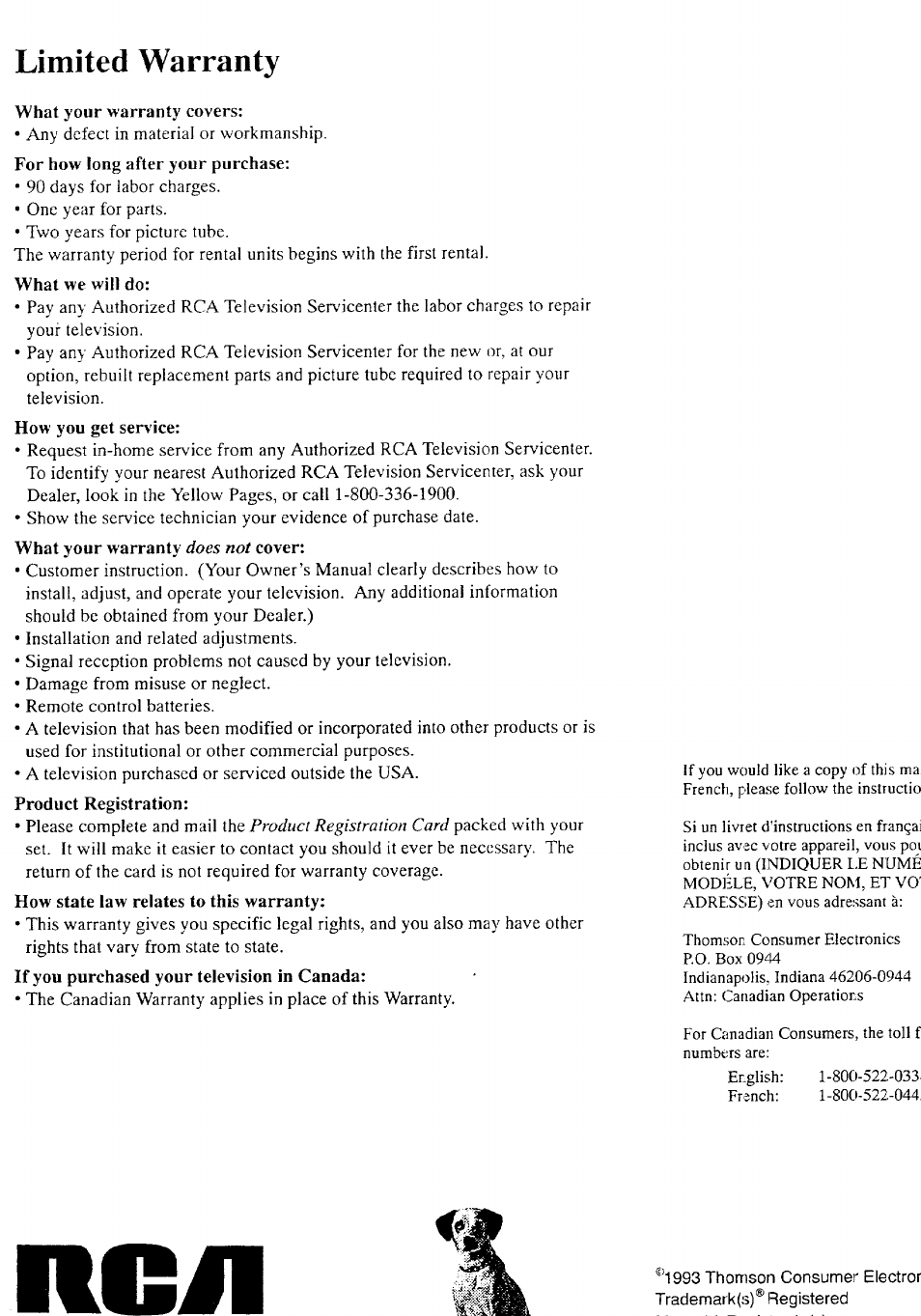 Limited warranty | RCA COLOR TV NCJ11 User Manual | Page 56 / 56