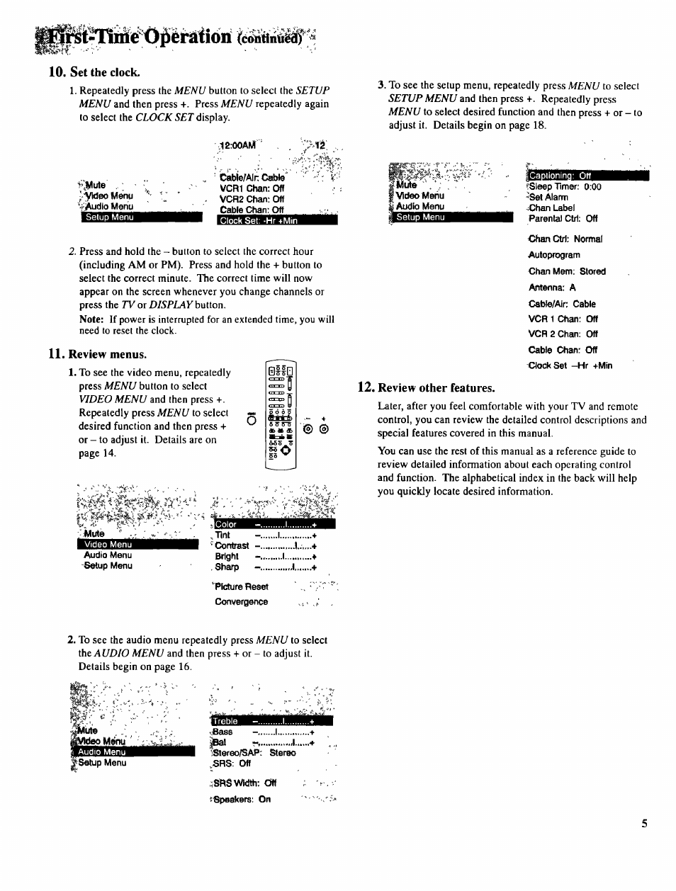 Set the clock, Review menus, Review other features | RCA COLOR TV NCJ11 User Manual | Page 7 / 56