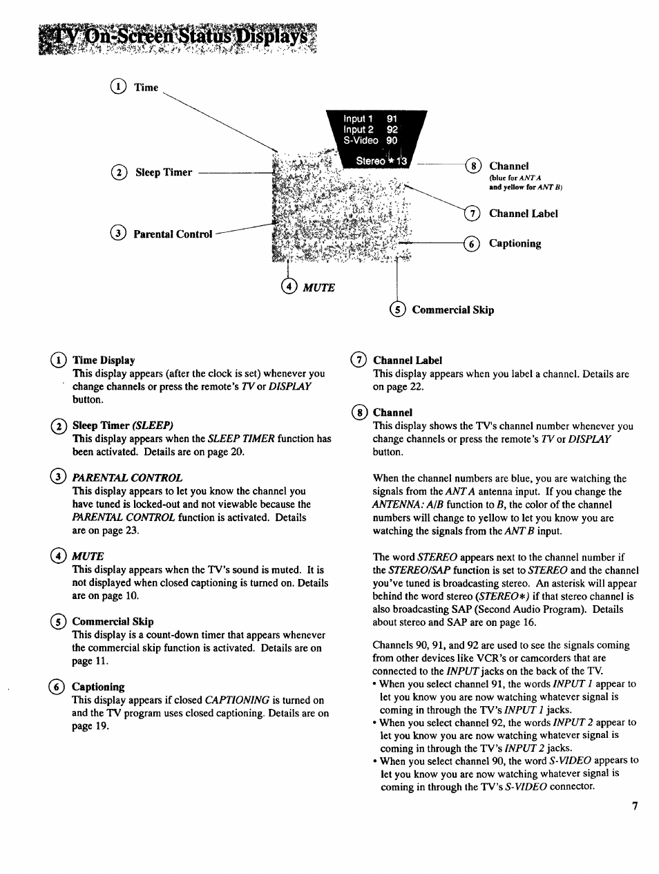 T) time display, Sleep timer (sl££p), Commercial skip | Captioning, Channel label, Channel | RCA COLOR TV NCJ11 User Manual | Page 9 / 56