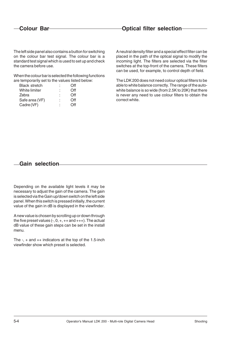 Colour bar, Gain selection, Optical filter selection | RCA LDK 200 User Manual | Page 36 / 46