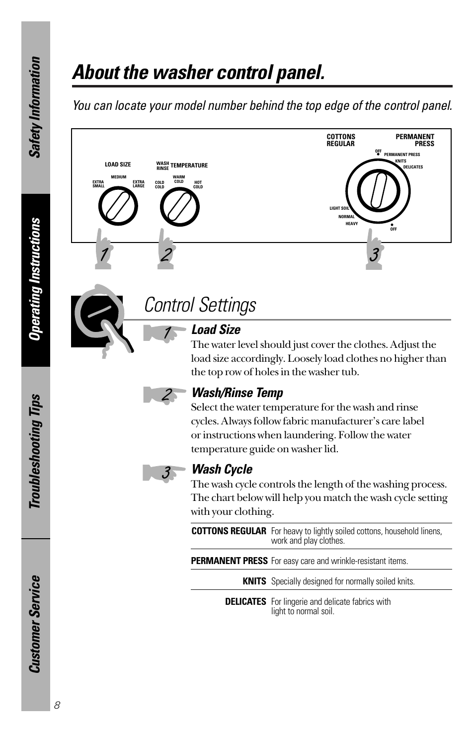 Control panel, Control settings, Control panel control settings | About the washer control panel, Load size, Wash/rinse temp, Wash cycle | RCA YBXR1060 User Manual | Page 8 / 20