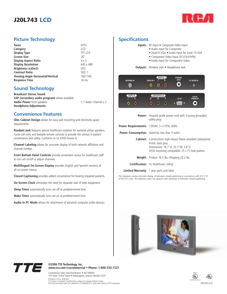 Picture technology, Sound technology, Convenience features | Specifications | RCA J20L743 User Manual | Page 2 / 2