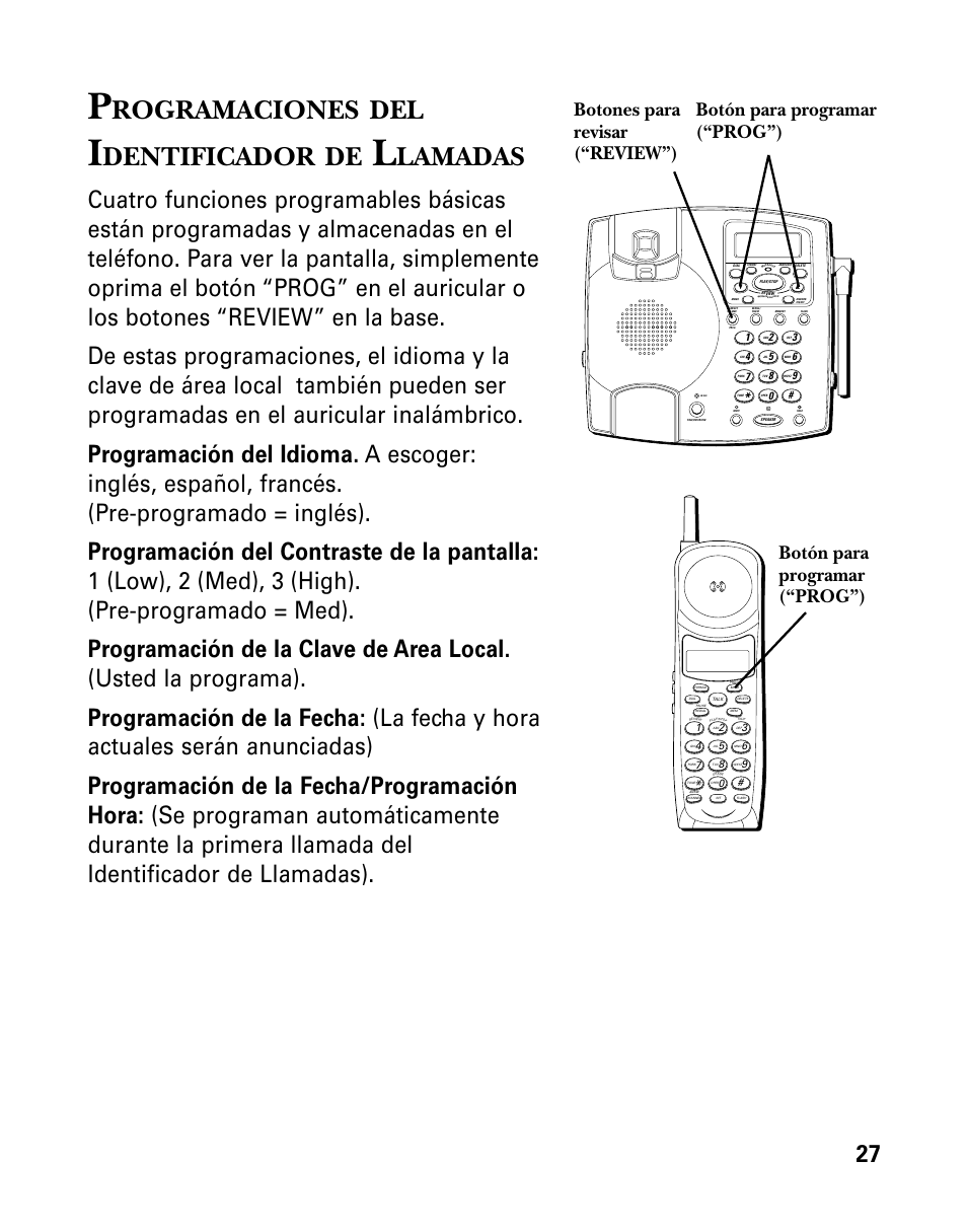 Rogramaciones, Dentificador, Lamadas | Botones para revisar (“review”), Botón para programar (“prog”) | RCA 26958 User Manual | Page 115 / 176