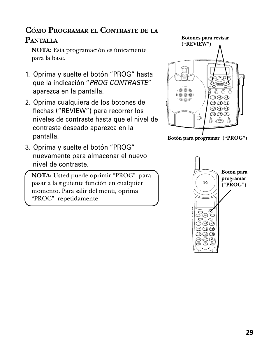 Nota: esta programación es únicamente para la base, Rogramar, Ontraste | Antalla, Botón para programar (“prog”) | RCA 26958 User Manual | Page 117 / 176
