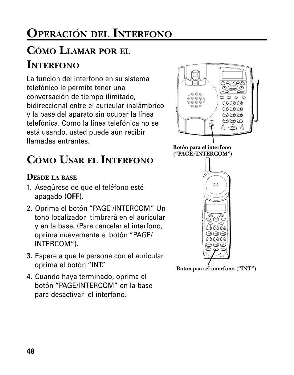 Peración, Nterfono, Lamar | Esde, Base, Botón para el interfono (“page/intercom”), Botón para el interfono (“int”) | RCA 26958 User Manual | Page 136 / 176