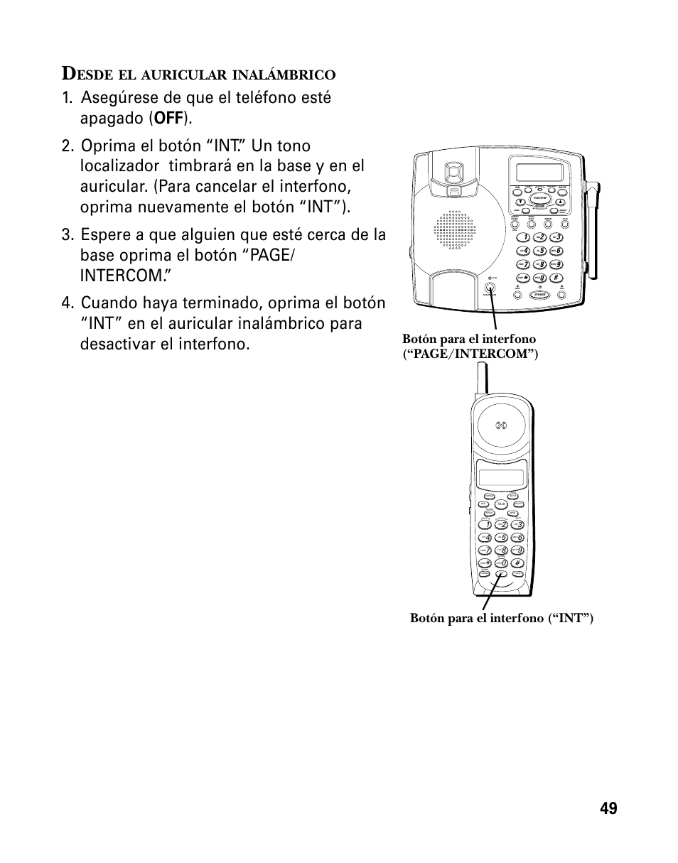 Esde, Auricular, Inalámbrico | Botón para el interfono (“page/intercom”), Botón para el interfono (“int”) | RCA 26958 User Manual | Page 137 / 176
