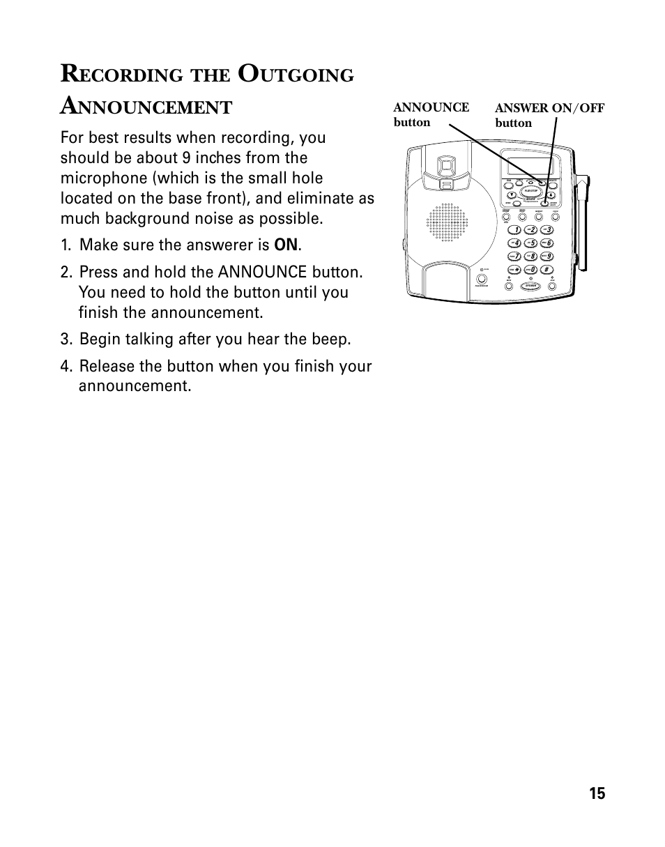 Ecording, Utgoing, Nnouncement | Answer on/off button announce button | RCA 26958 User Manual | Page 15 / 176