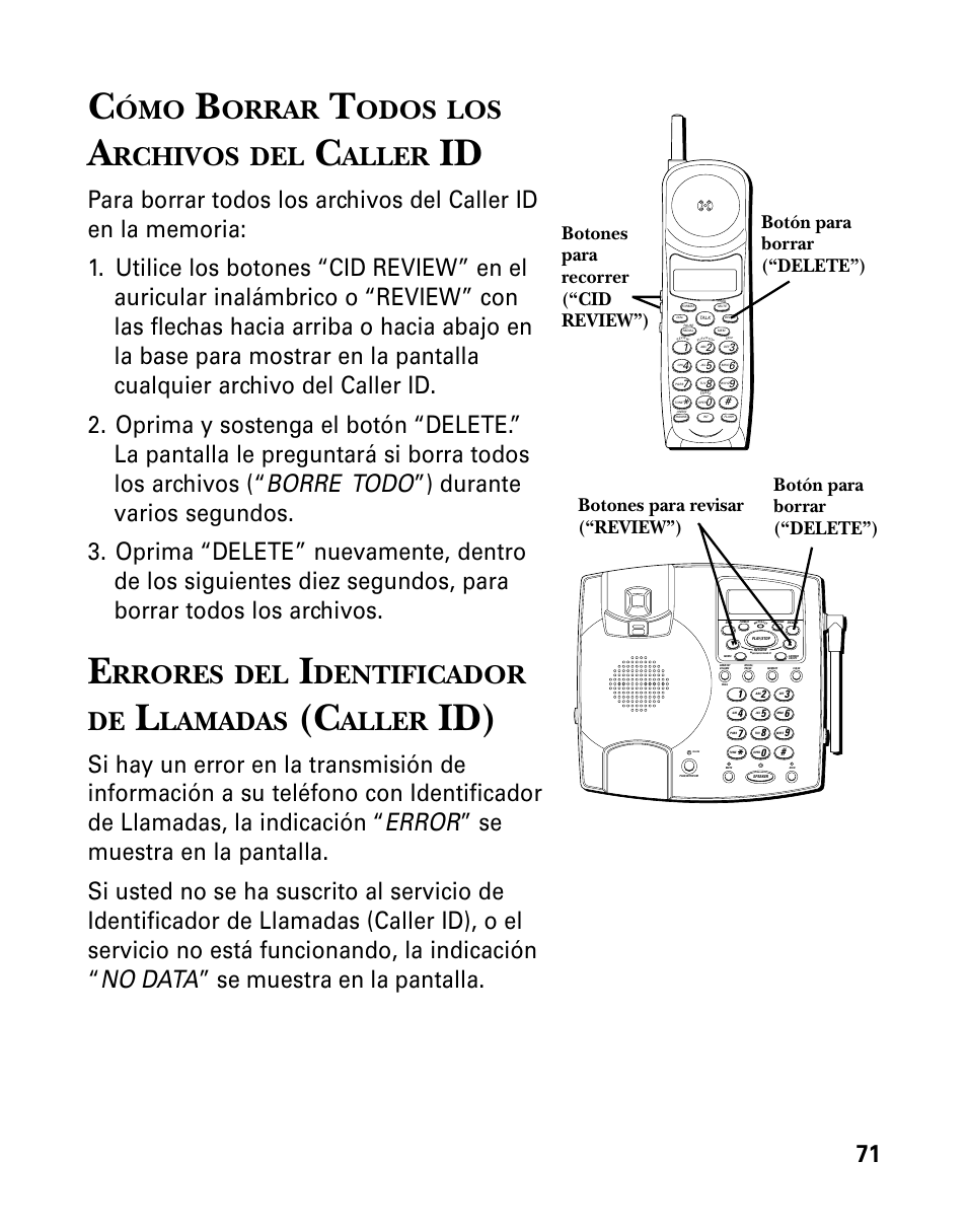 Orrar, Odos, Rchivos | Aller, Rrores, Dentificador de, Lamadas | RCA 26958 User Manual | Page 159 / 176