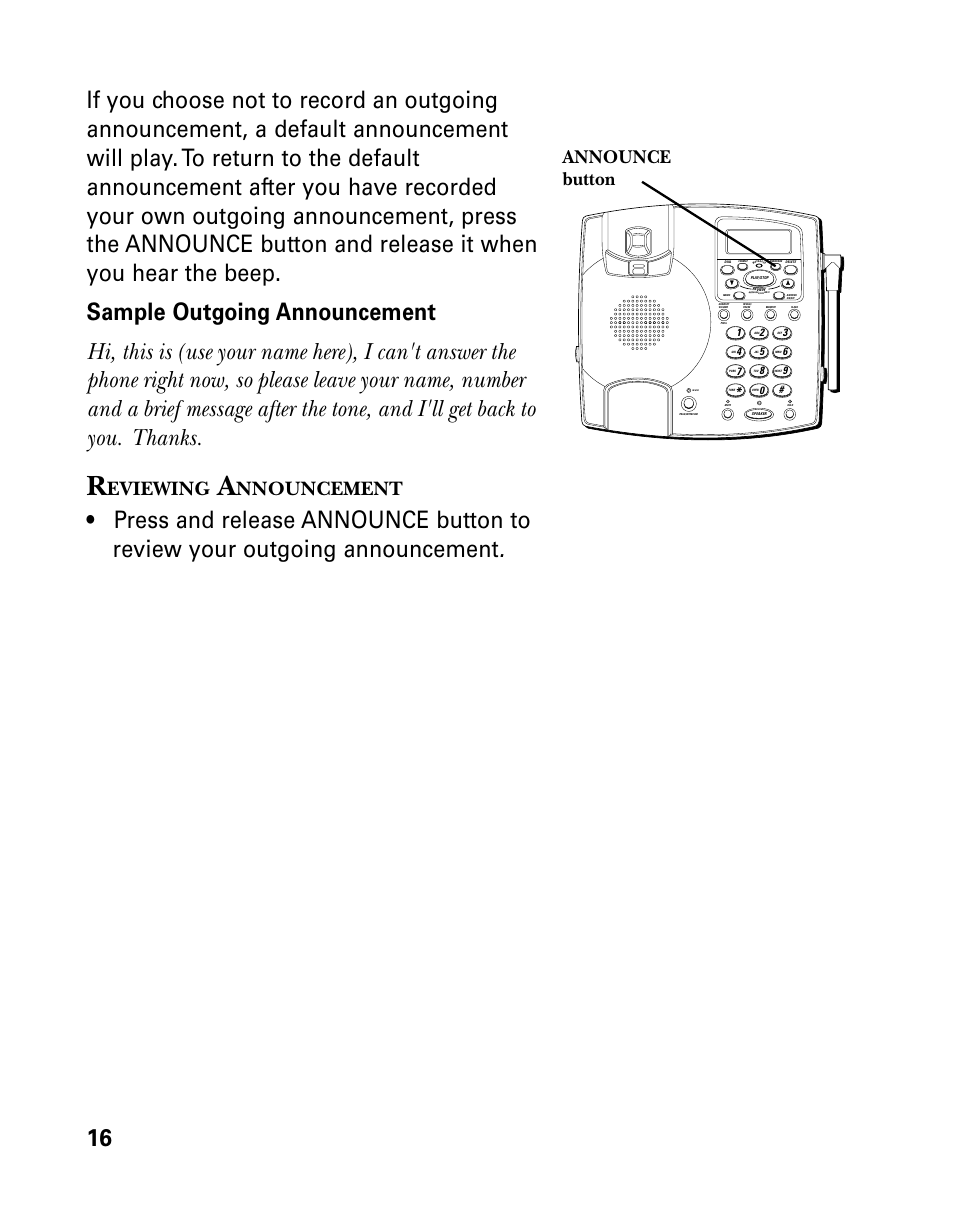 Eviewing, Nnouncement, Announce button | RCA 26958 User Manual | Page 16 / 176