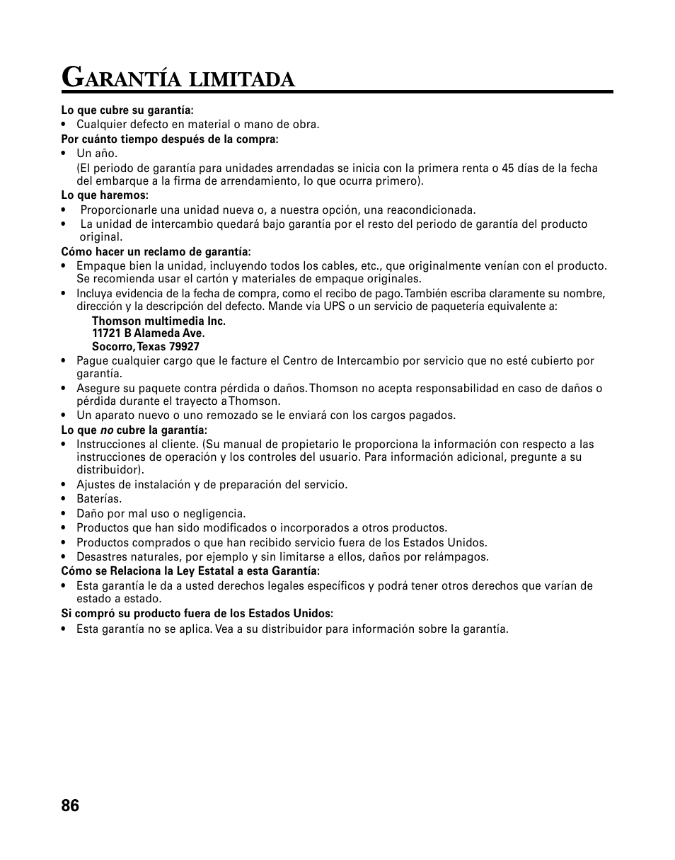 Arantía, Limitada | RCA 26958 User Manual | Page 174 / 176