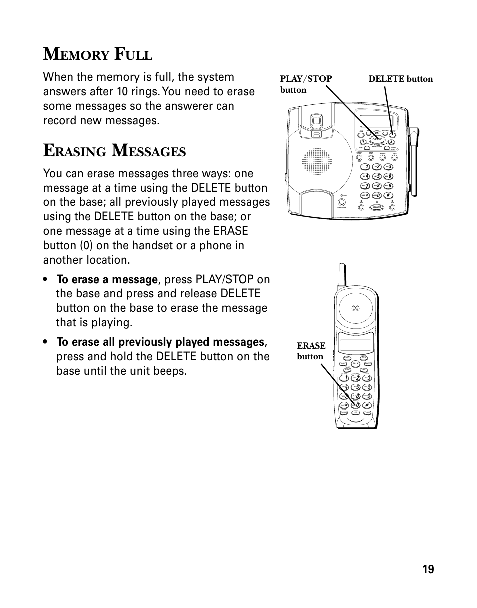 Emory, Rasing, Essages | Play/stop button delete button, Erase button | RCA 26958 User Manual | Page 19 / 176