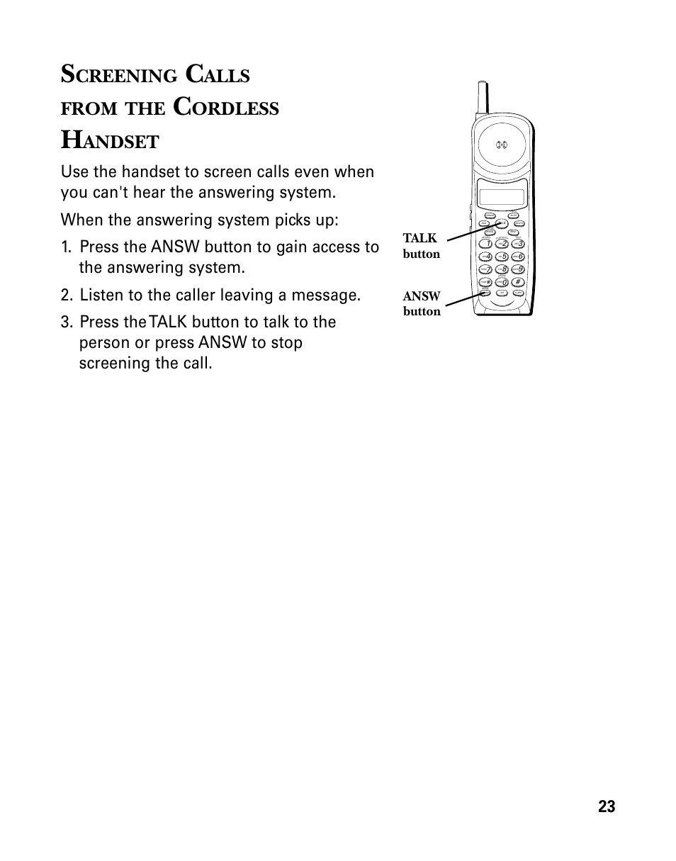 Creening, Alls from, Ordless | Andset, Answ button talk button | RCA 26958 User Manual | Page 23 / 176