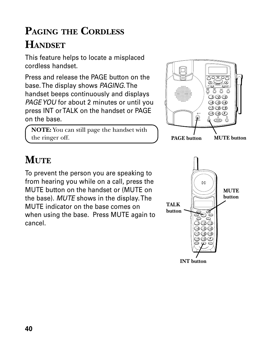 Aging, Ordless, Andset | Page button, Talk button int button mute button mute button | RCA 26958 User Manual | Page 40 / 176