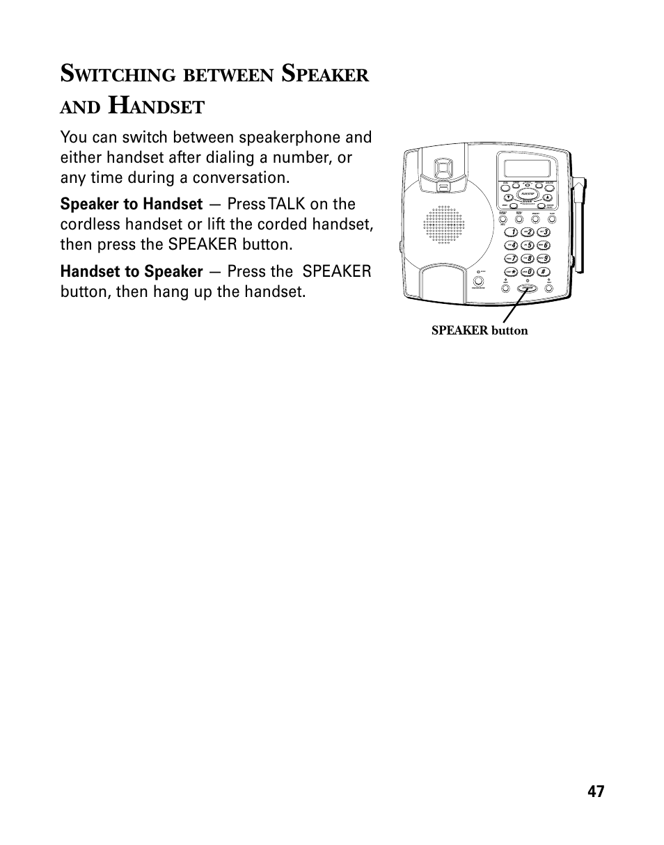 Witching, Between, Peaker and | Andset, Speaker button | RCA 26958 User Manual | Page 47 / 176