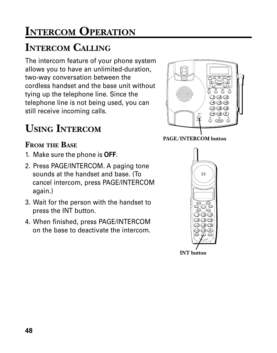 Ntercom, Peration, Alling | Sing, Page/intercom button, Int button | RCA 26958 User Manual | Page 48 / 176