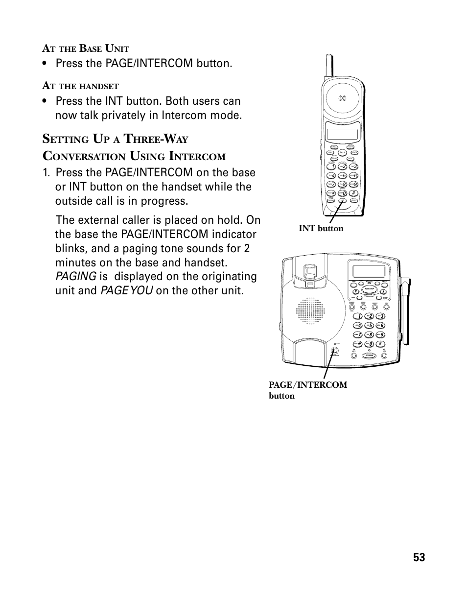 53 a, Press the page/intercom button. a, Etting | Hree, Onversation, Sing, Ntercom, Page/intercom button int button, Handset | RCA 26958 User Manual | Page 53 / 176