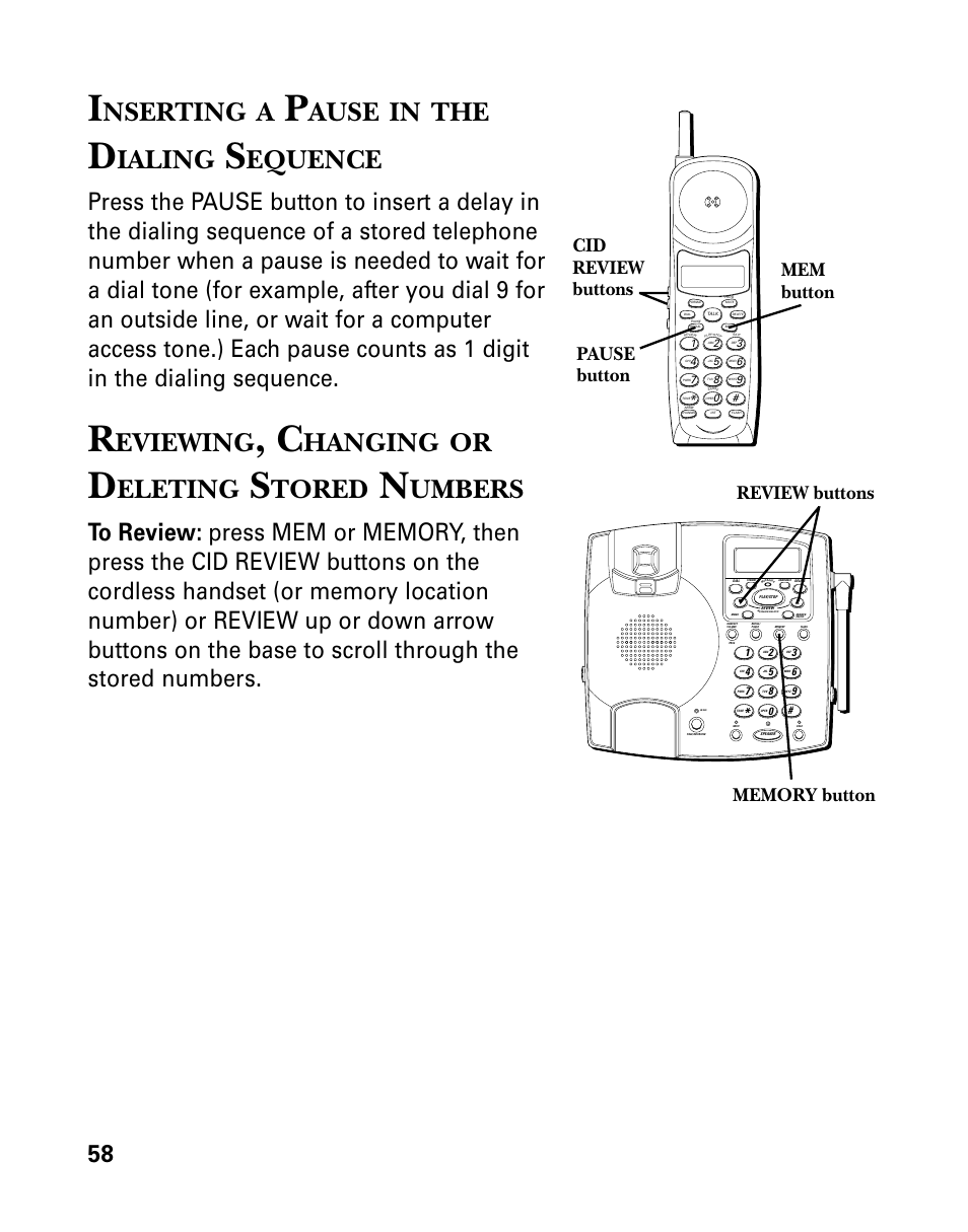 Nserting, Ause, Ialing | Equence, Eviewing, Hanging, Eleting, Tored, Umbers | RCA 26958 User Manual | Page 58 / 176