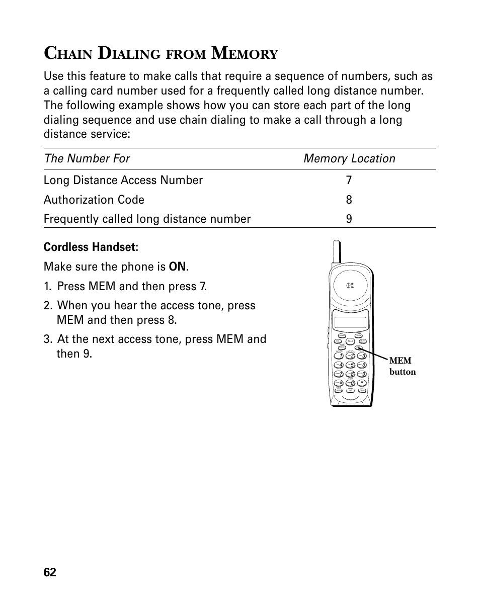 Hain, Ialing, From | Emory, Mem button | RCA 26958 User Manual | Page 62 / 176