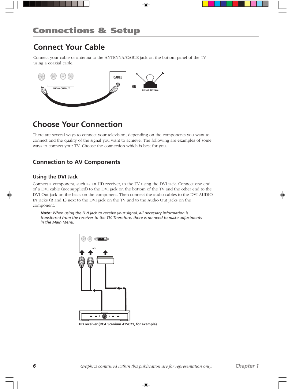 Connections & setup, Connect your cable, Choose your connection | Connection to av components, 6chapter 1, Using the dvi jack | RCA LCDX2619W User Manual | Page 10 / 40