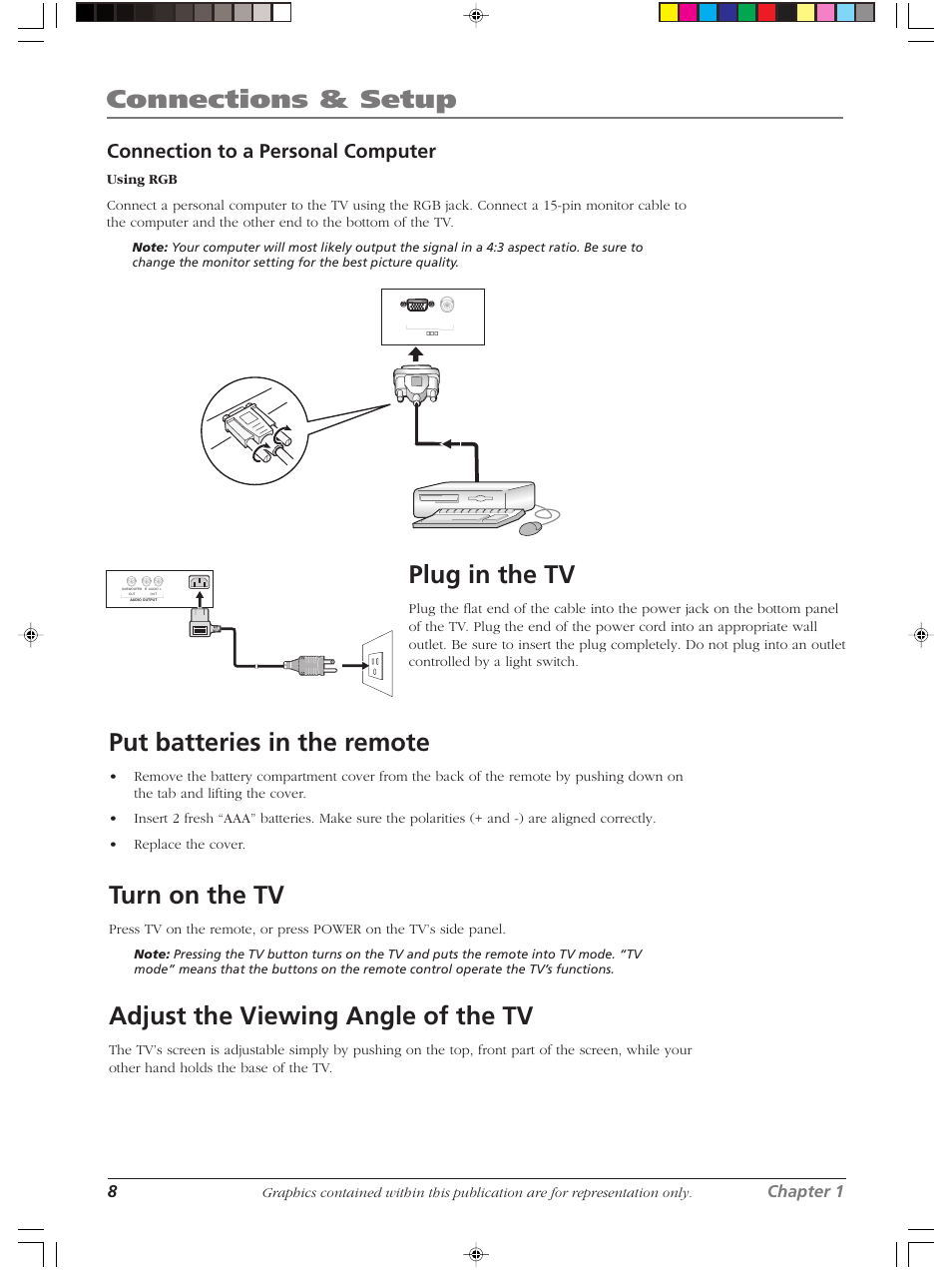 Connections & setup, Plug in the tv, Put batteries in the remote | Turn on the tv, Adjust the viewing angle of the tv, Connection to a personal computer, 8chapter 1 | RCA LCDX2619W User Manual | Page 12 / 40