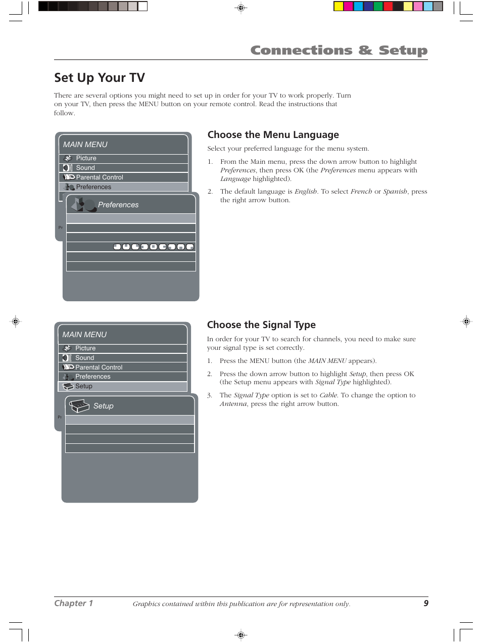 Connections & setup, Set up your tv, Choose the menu language | Choose the signal type | RCA LCDX2619W User Manual | Page 13 / 40