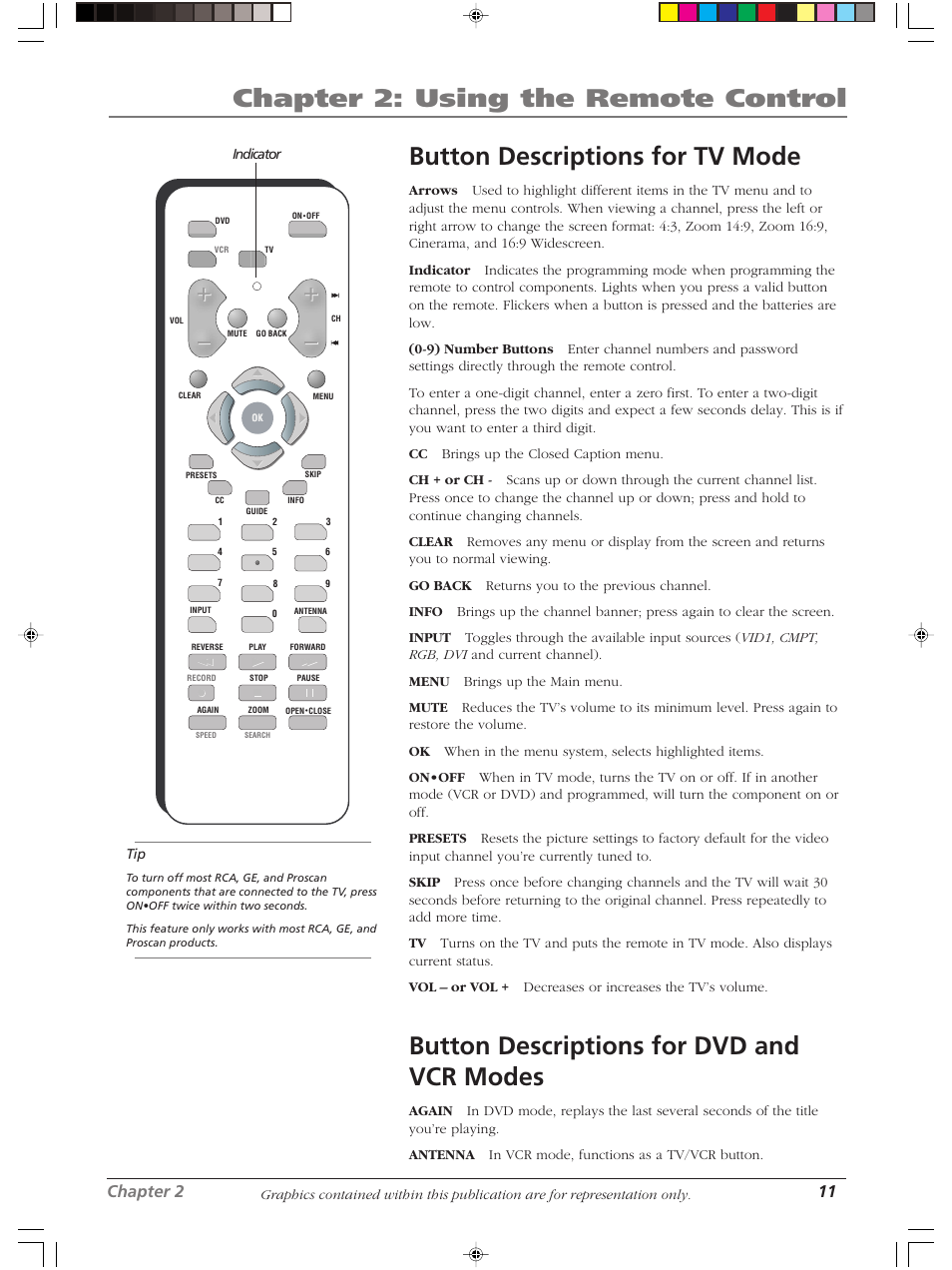 Chapter 2: using the remote control, Button descriptions for tv mode, Button descriptions for dvd and vcr modes | Chapter 2 11 | RCA LCDX2619W User Manual | Page 15 / 40