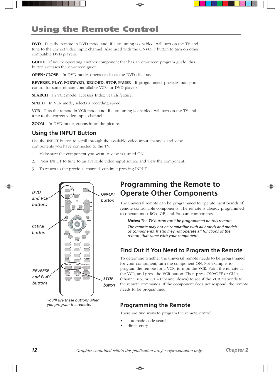 Using the remote control, Programming the remote to operate other components, Using the input button | Find out if you need to program the remote, Programming the remote, 12 chapter 2 | RCA LCDX2619W User Manual | Page 16 / 40