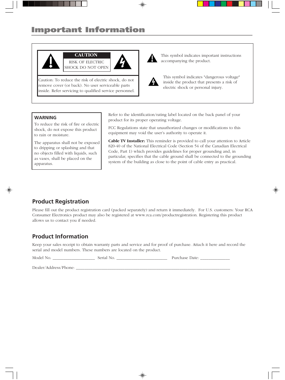 Important information, Product registration, Product information | RCA LCDX2619W User Manual | Page 2 / 40