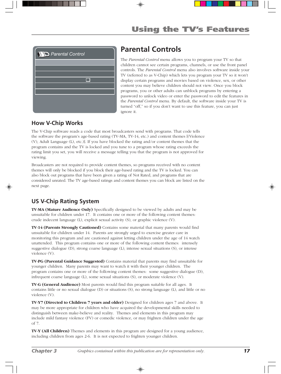 Using the tv’s features, Parental controls, How v-chip works | Us v-chip rating system | RCA LCDX2619W User Manual | Page 21 / 40