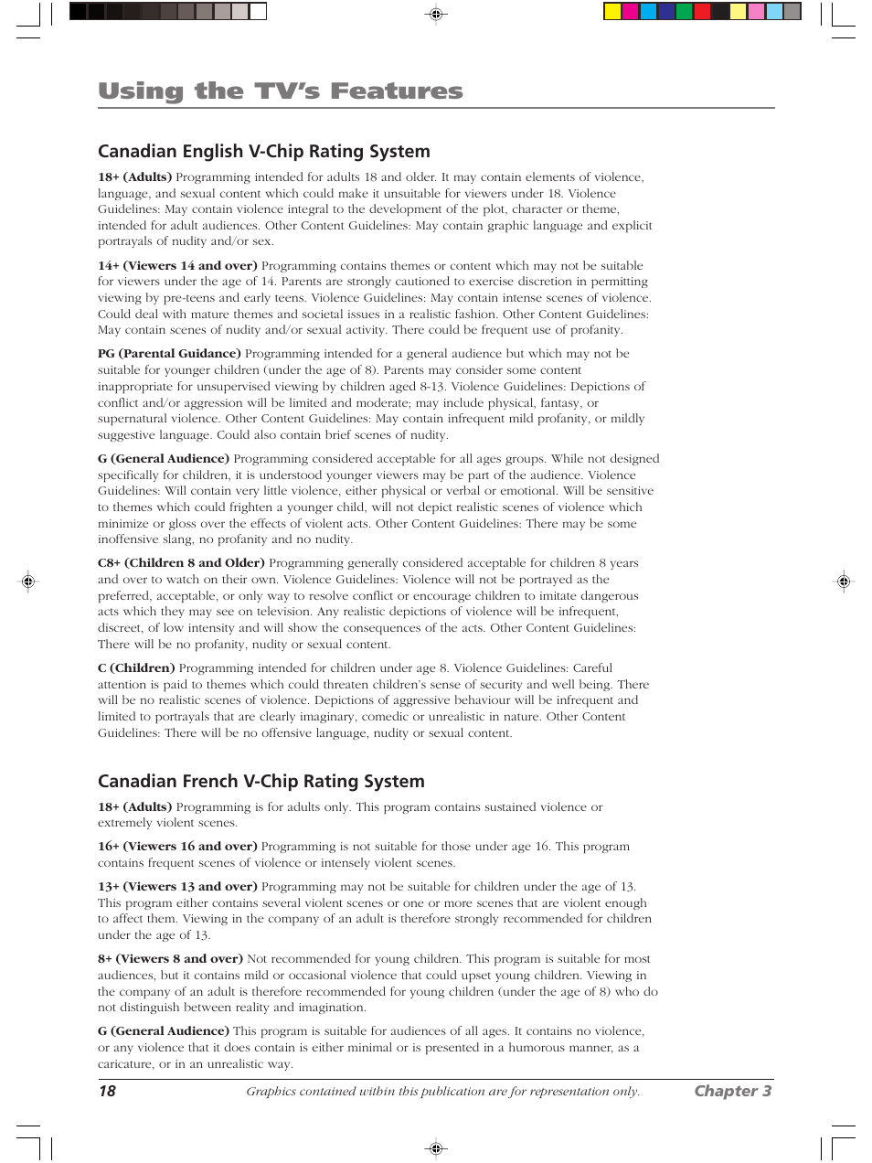 Using the tv’s features, Canadian english v-chip rating system, Canadian french v-chip rating system | RCA LCDX2619W User Manual | Page 22 / 40