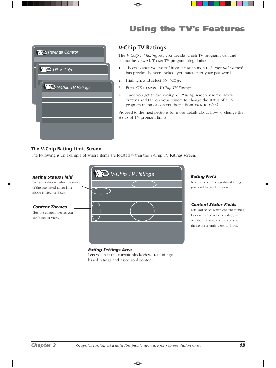 Using the tv’s features, V-chip tv ratings | RCA LCDX2619W User Manual | Page 23 / 40