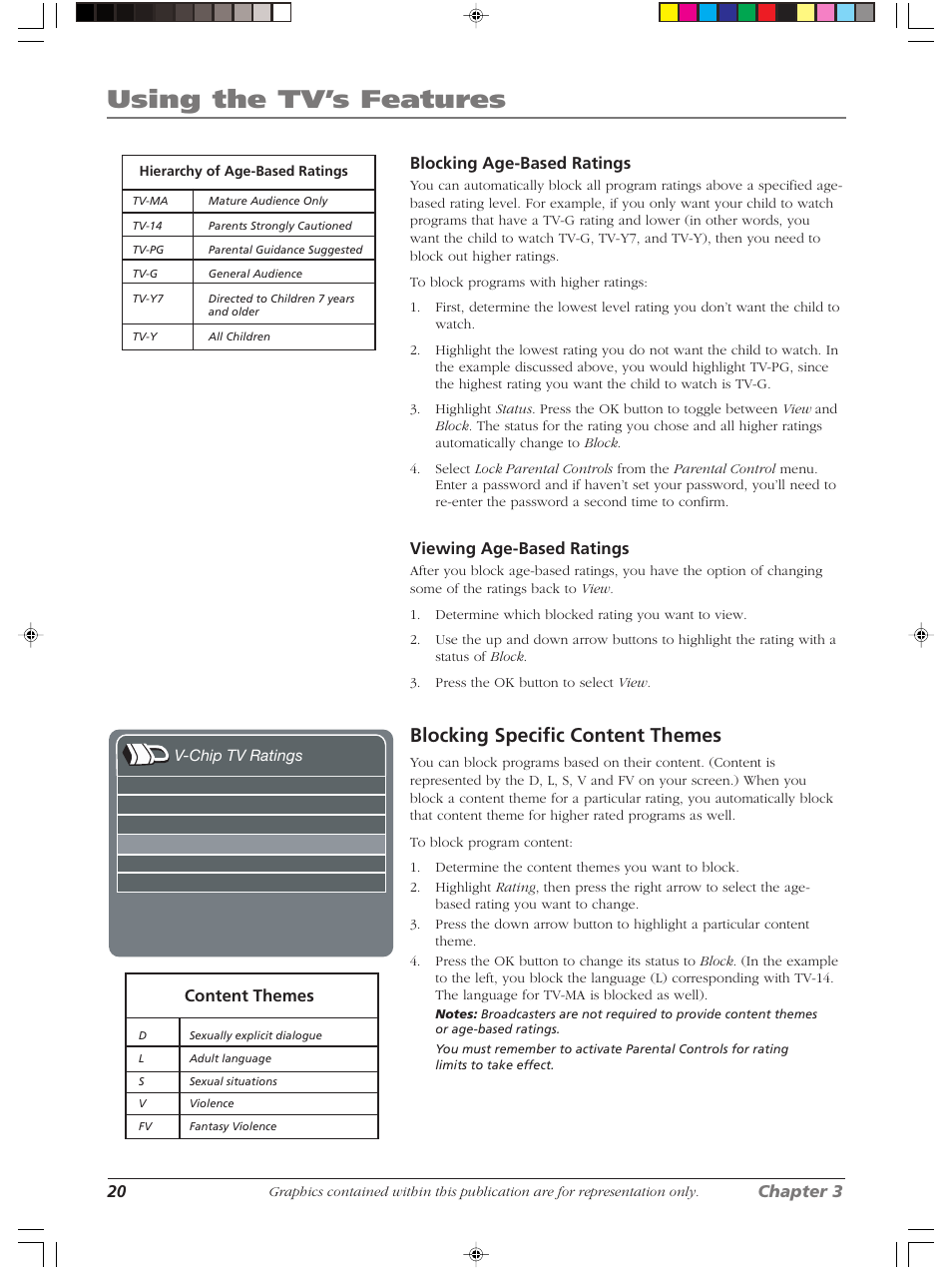 Using the tv’s features, Blocking specific content themes | RCA LCDX2619W User Manual | Page 24 / 40