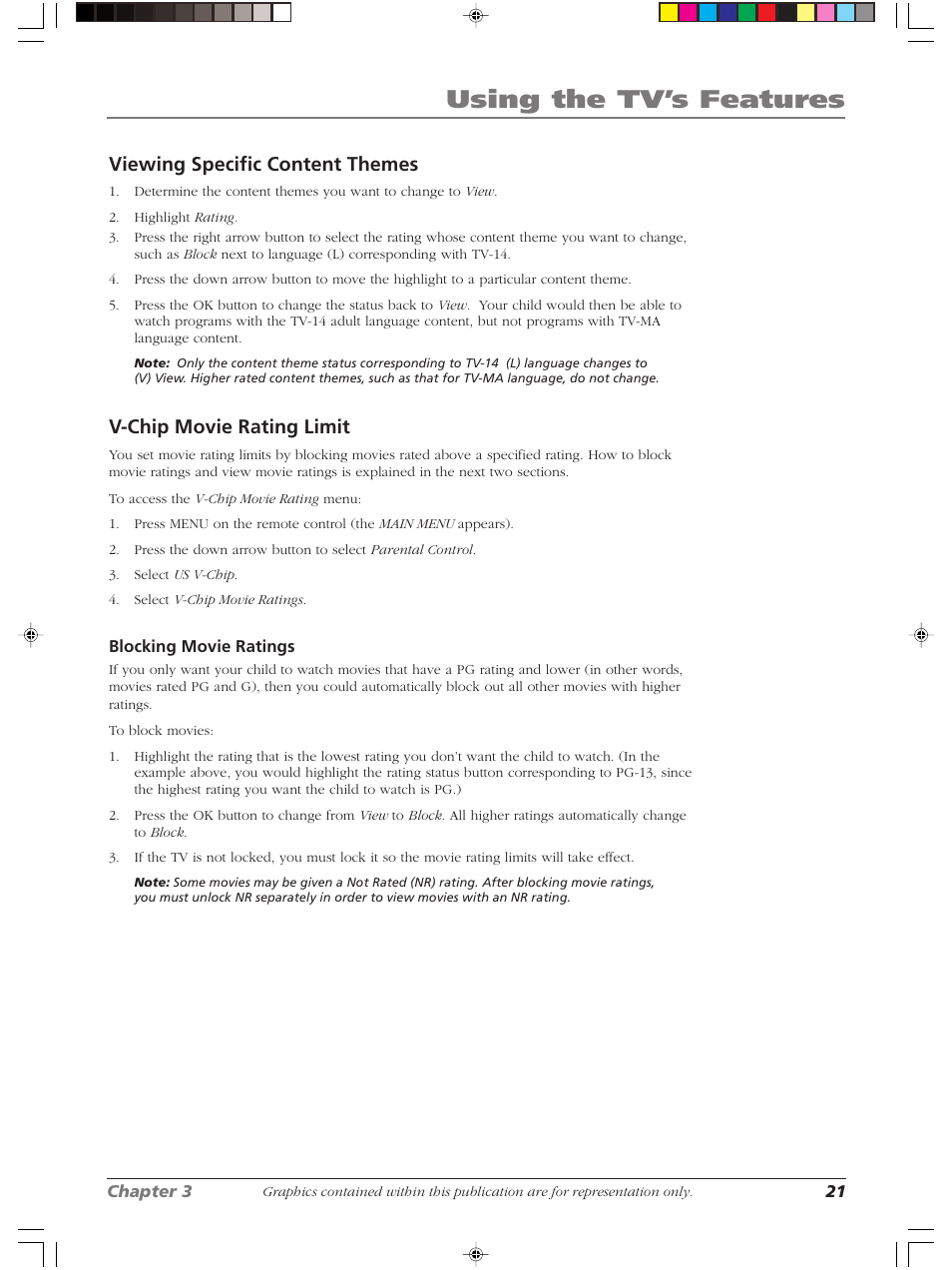 Using the tv’s features, Viewing specific content themes, V-chip movie rating limit | RCA LCDX2619W User Manual | Page 25 / 40