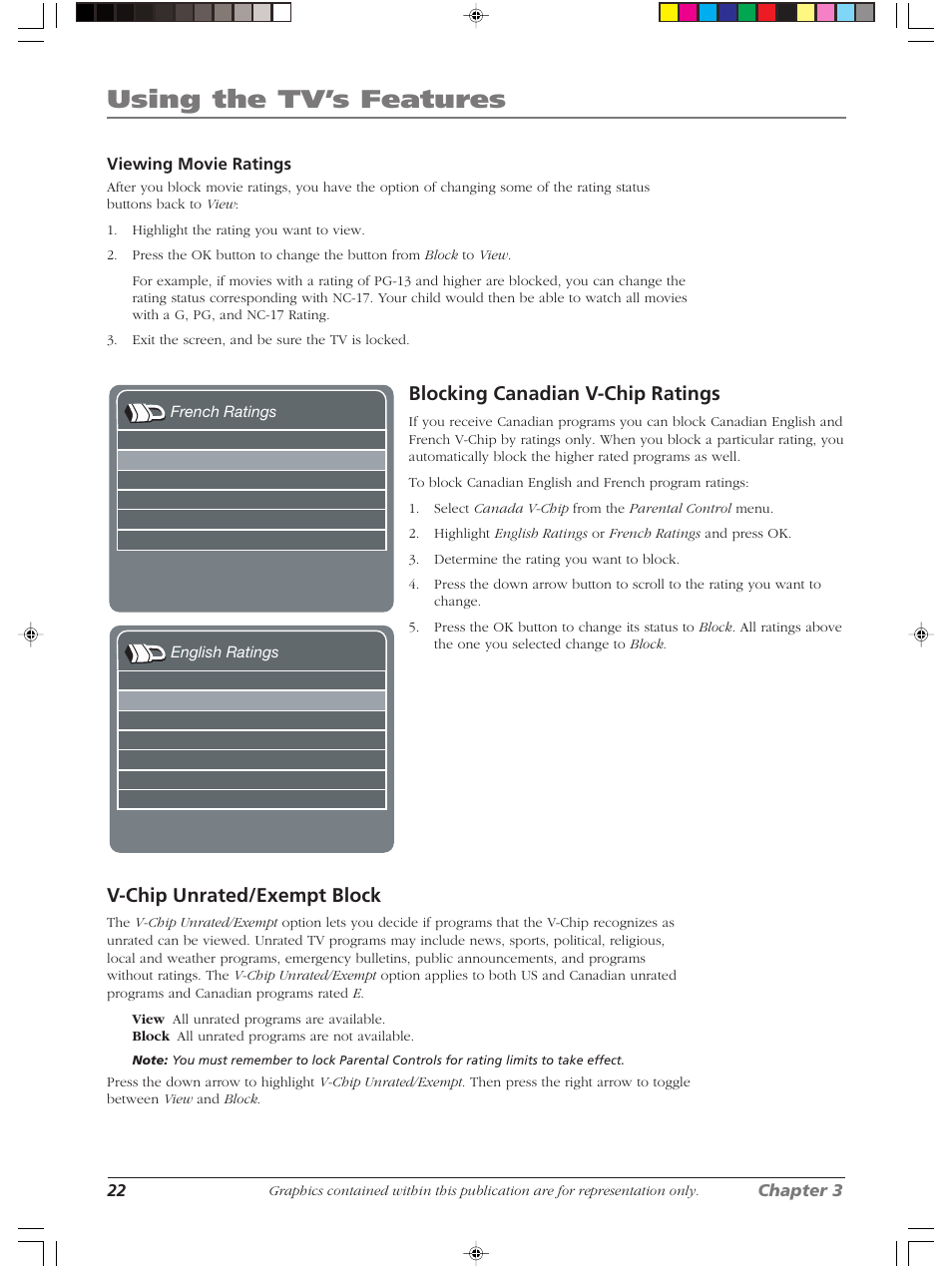 Using the tv’s features, Blocking canadian v-chip ratings, V-chip unrated/exempt block | RCA LCDX2619W User Manual | Page 26 / 40