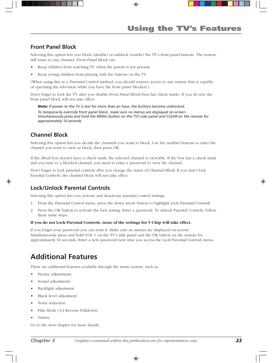 Using the tv’s features, Additional features, Front panel block | Channel block, Lock/unlock parental controls | RCA LCDX2619W User Manual | Page 27 / 40