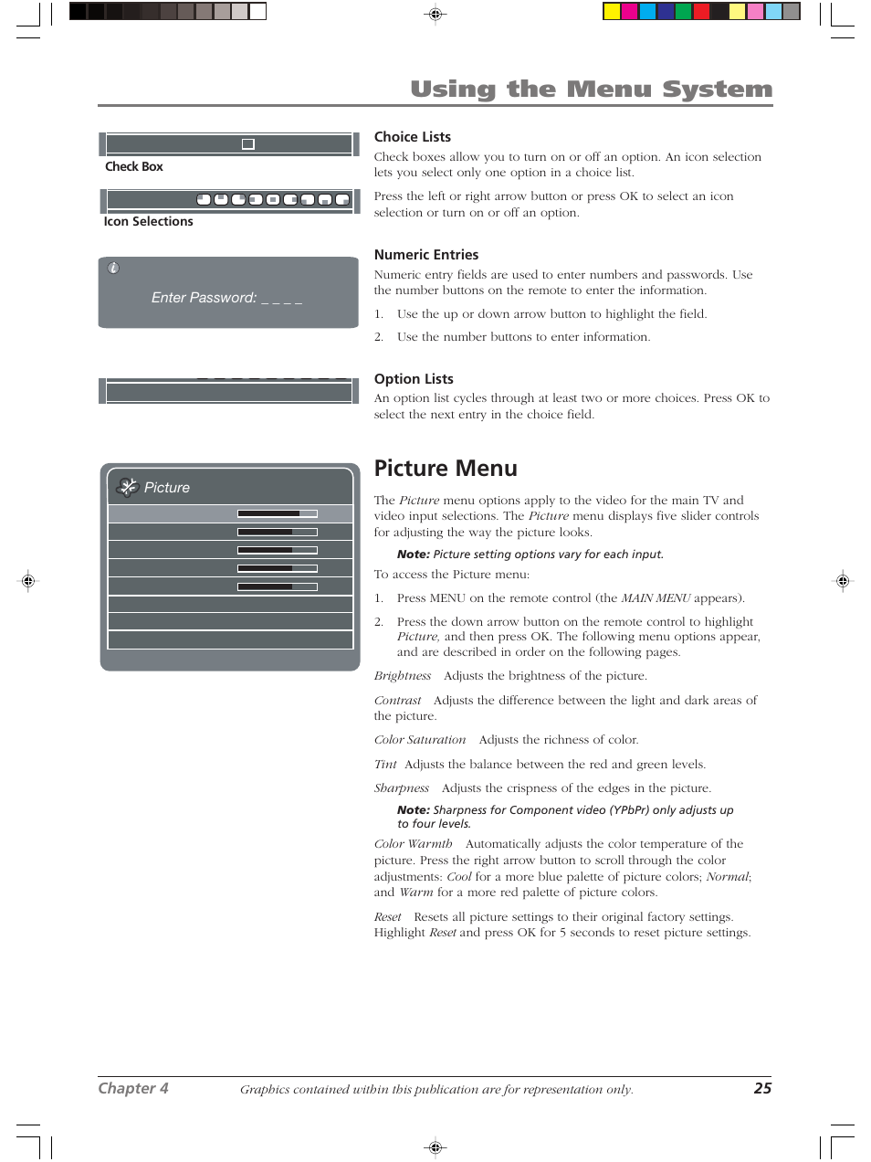 Using the menu system, Picture menu | RCA LCDX2619W User Manual | Page 29 / 40