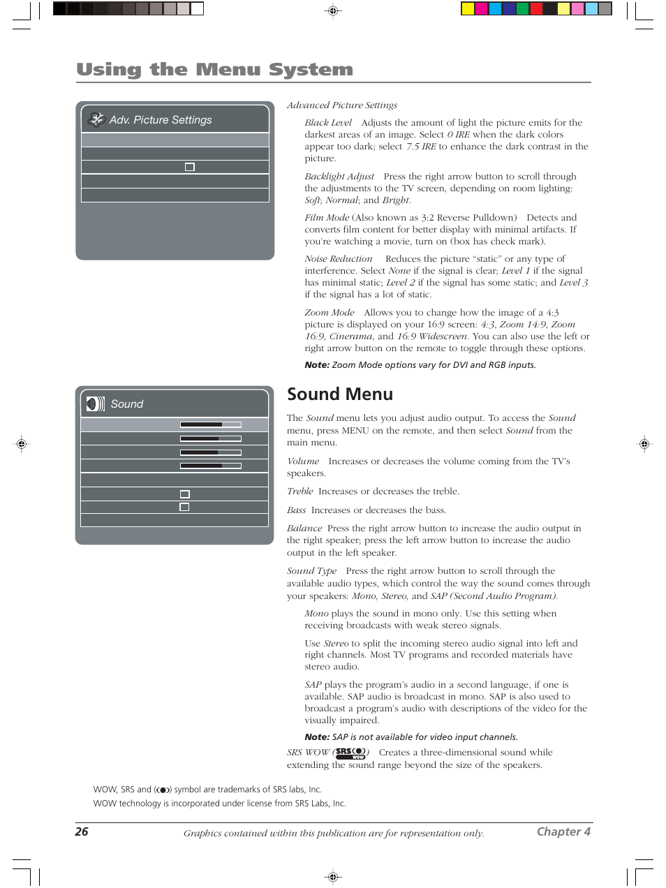 Using the menu system, Sound menu | RCA LCDX2619W User Manual | Page 30 / 40