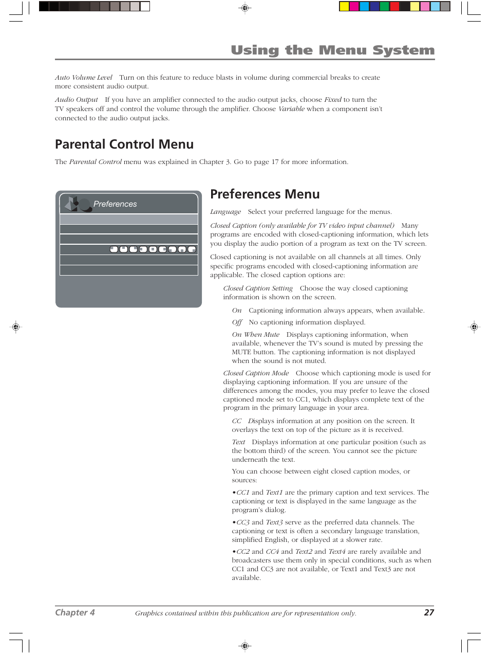 Using the menu system, Parental control menu, Preferences menu | RCA LCDX2619W User Manual | Page 31 / 40