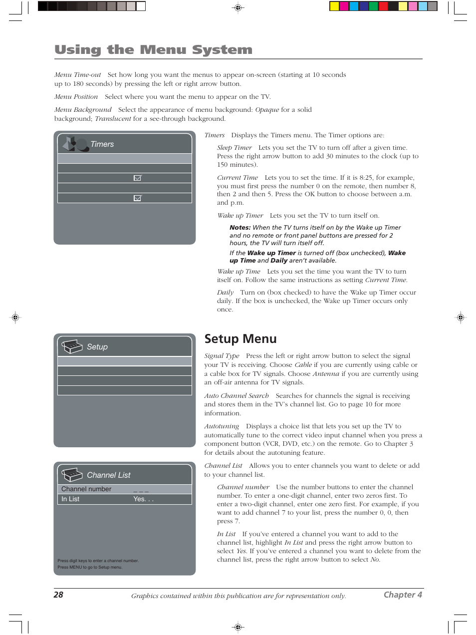 Using the menu system, Setup menu | RCA LCDX2619W User Manual | Page 32 / 40