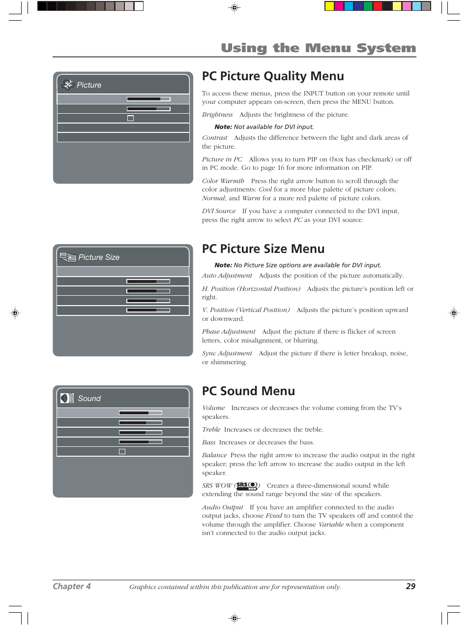 Using the menu system, Pc picture quality menu, Pc picture size menu | Pc sound menu | RCA LCDX2619W User Manual | Page 33 / 40