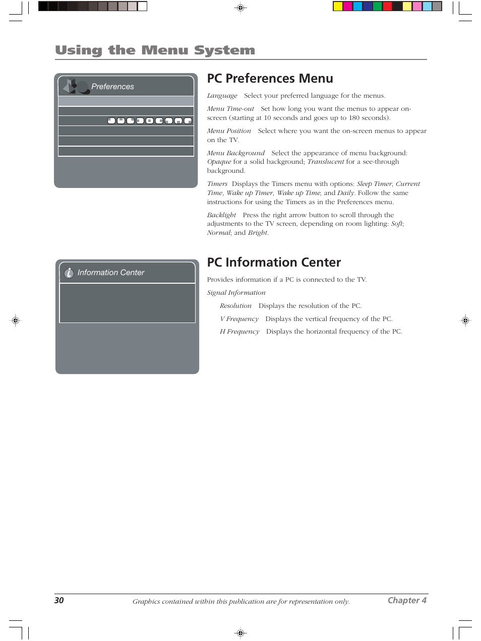 Using the menu system, Pc preferences menu, Pc information center | RCA LCDX2619W User Manual | Page 34 / 40