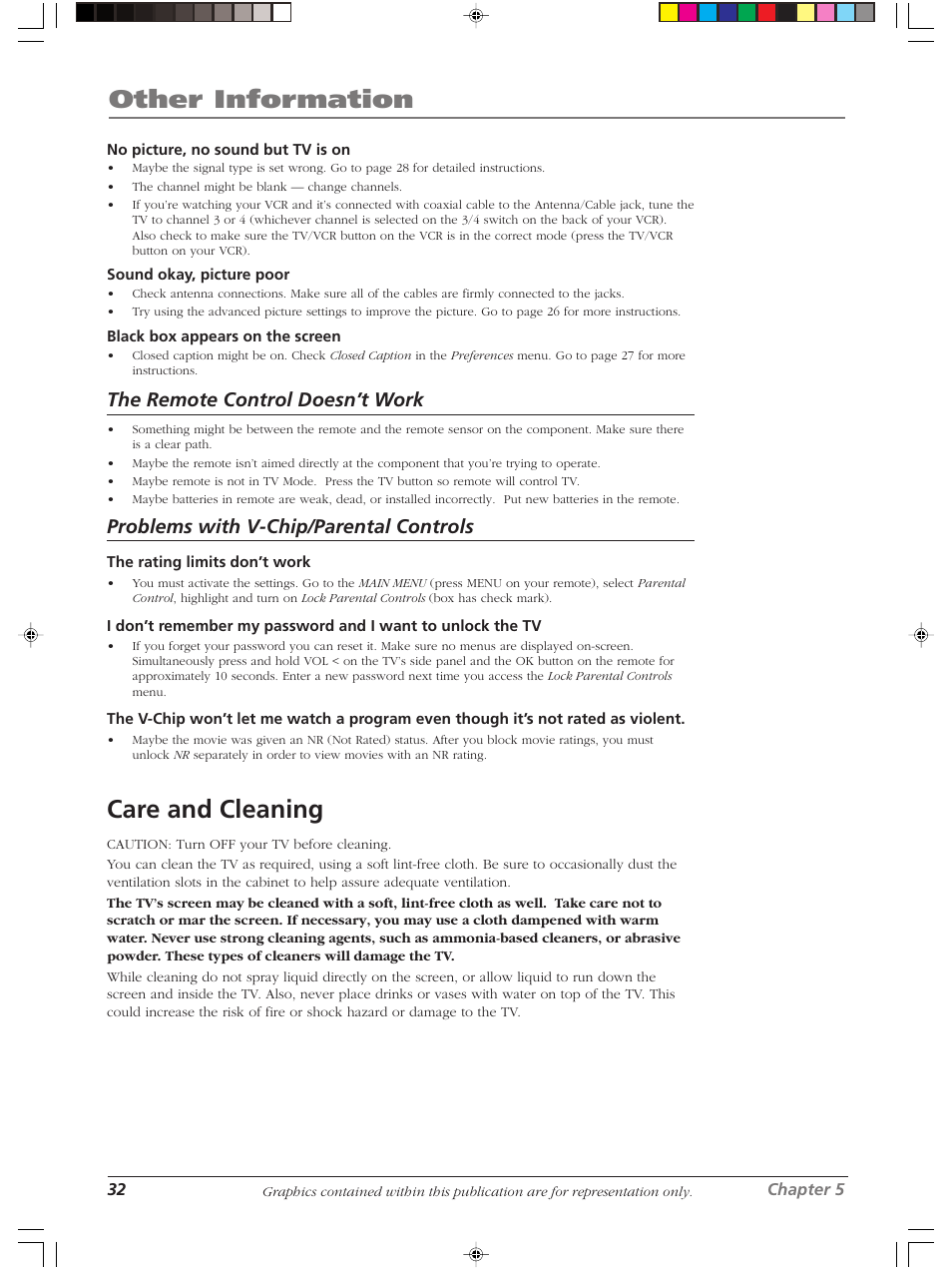 Other information, Care and cleaning, The remote control doesn’t work | Problems with v-chip/parental controls | RCA LCDX2619W User Manual | Page 36 / 40