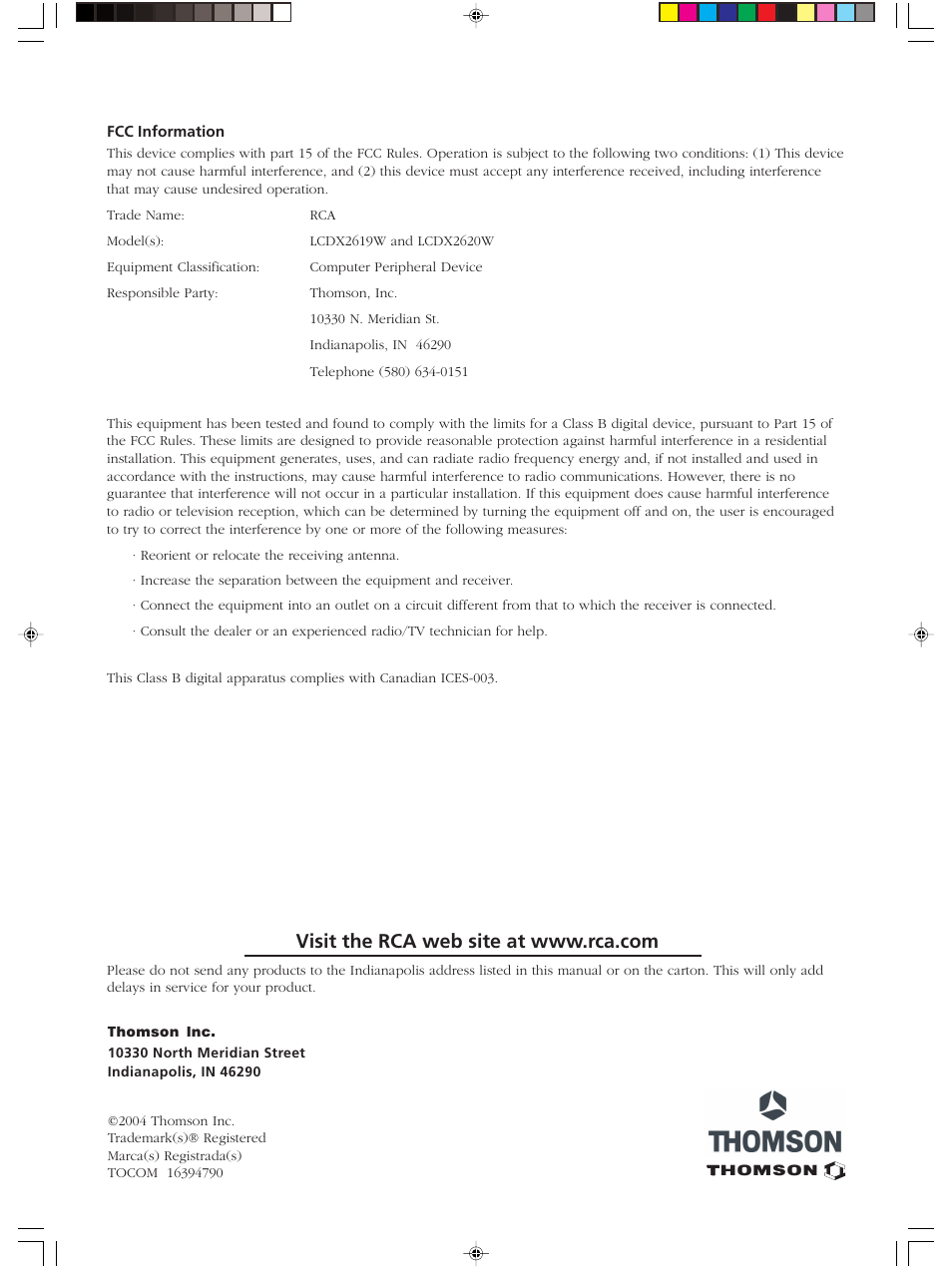 RCA LCDX2619W User Manual | Page 40 / 40