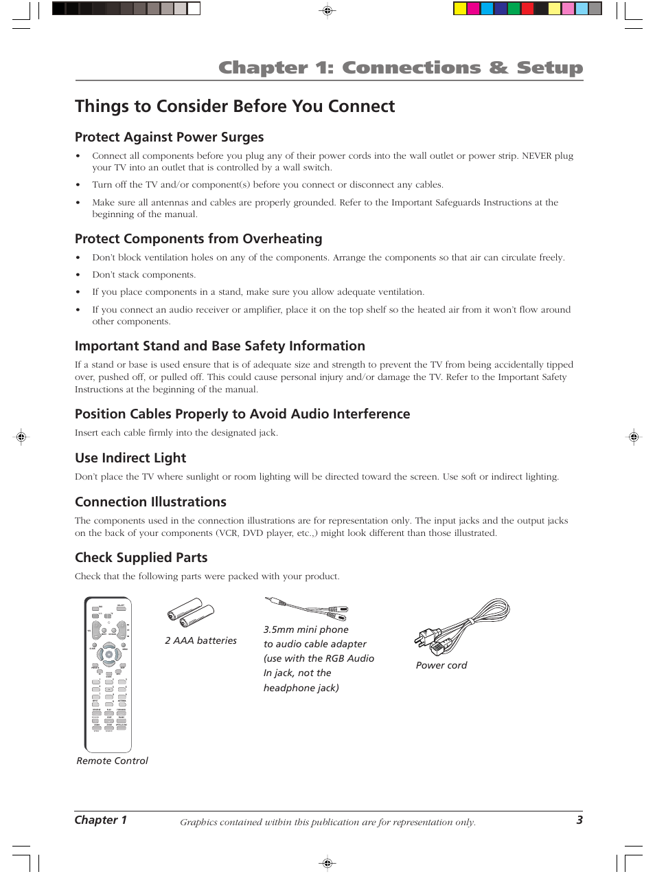 Chapter 1: connections & setup, Things to consider before you connect, Protect against power surges | Protect components from overheating, Important stand and base safety information, Use indirect light, Connection illustrations, Check supplied parts, Chapter 1 3, Insert each cable firmly into the designated jack | RCA LCDX2619W User Manual | Page 7 / 40
