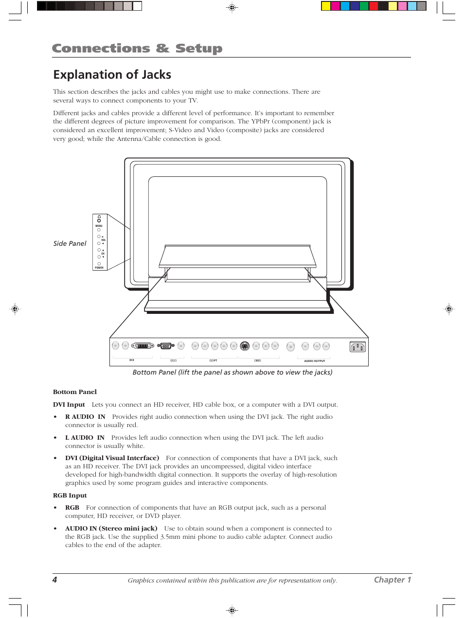 Connections & setup, Explanation of jacks, 4chapter 1 | RCA LCDX2619W User Manual | Page 8 / 40
