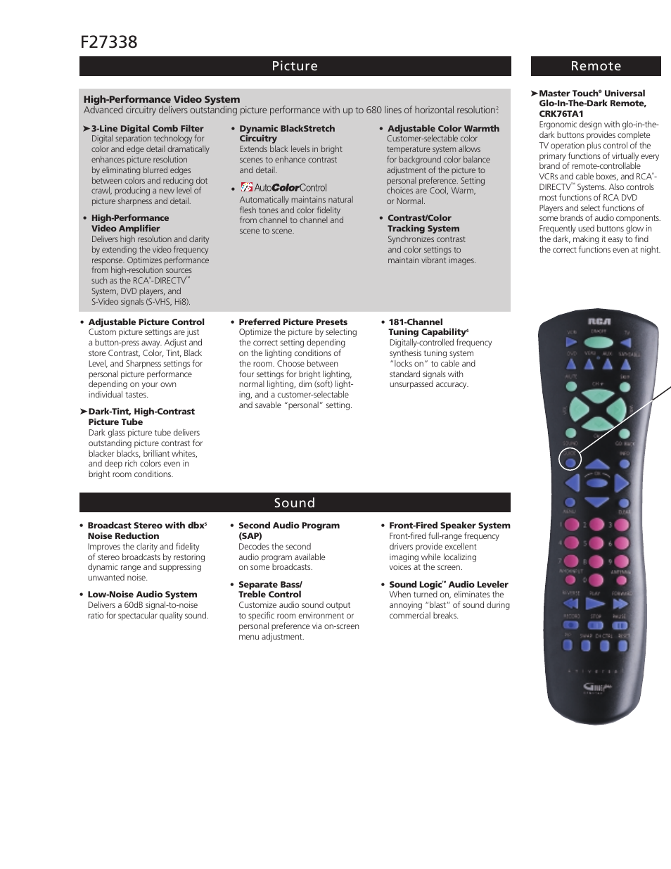Picture remote sound | RCA F27338 User Manual | Page 2 / 4