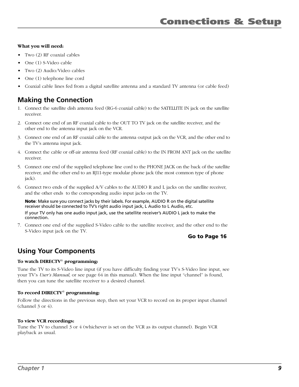 Connections & setup, Making the connection, Using your components | RCA Satellite TV System User Manual | Page 11 / 80