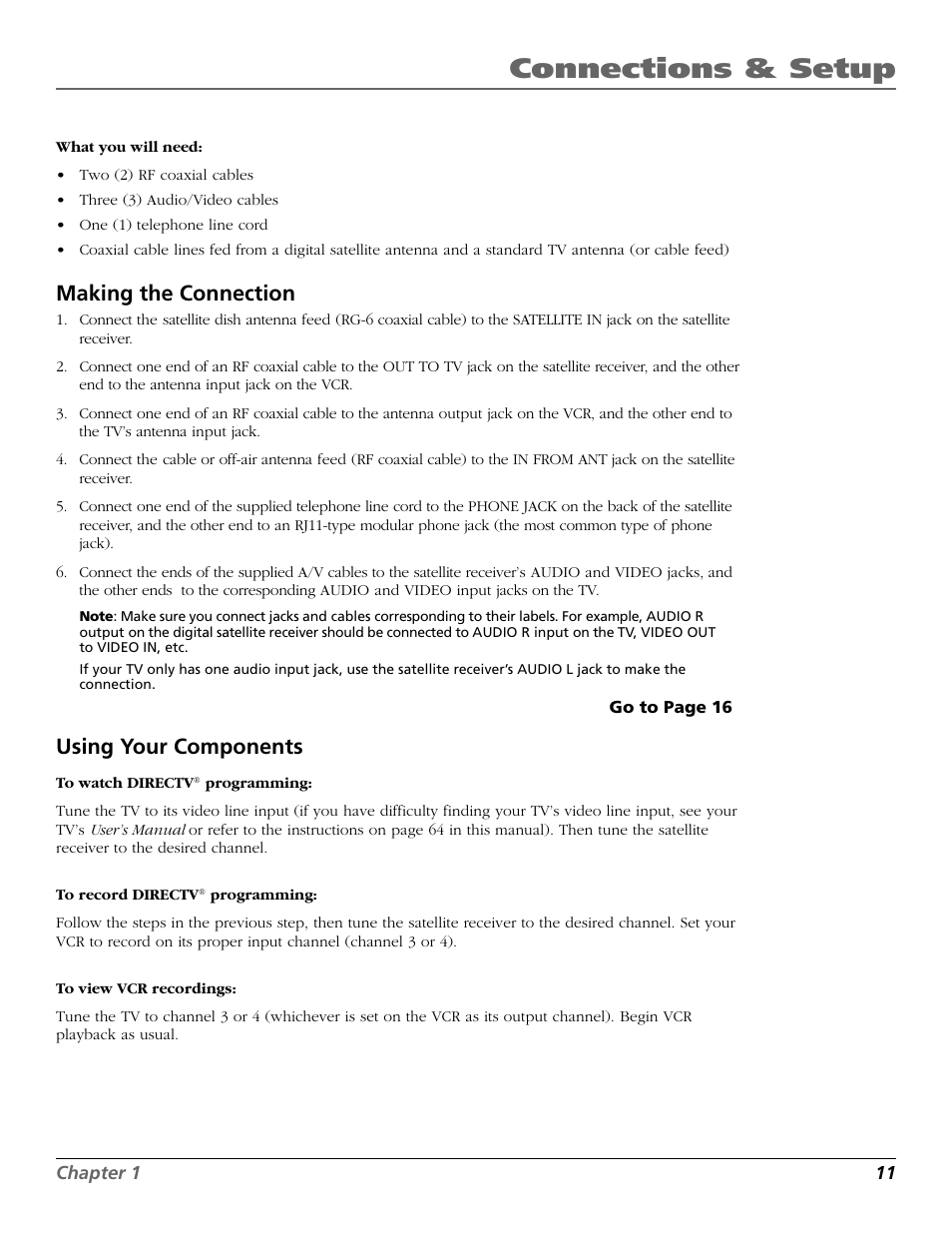 Connections & setup, Making the connection, Using your components | RCA Satellite TV System User Manual | Page 13 / 80